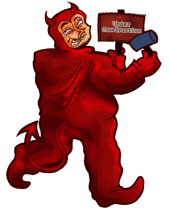 a character illustration of Boss Covencare in a red devil's one piece costume holding a hammer and a sign post with the text 'Under Construction'